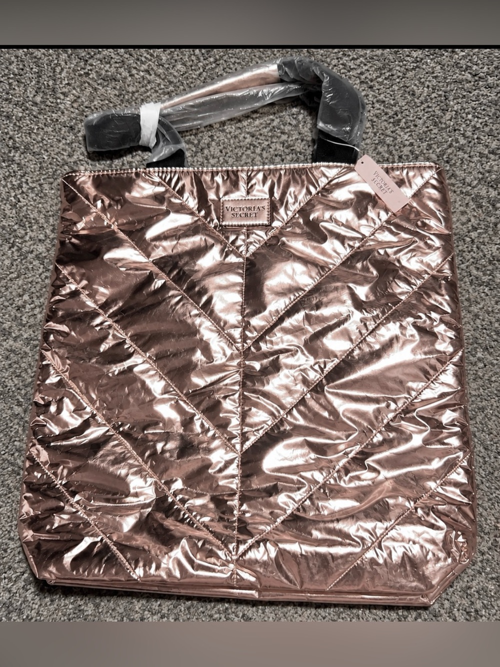 Victoria’s Secret Rose Gold Metallic Quilted Puffer Tote NWT